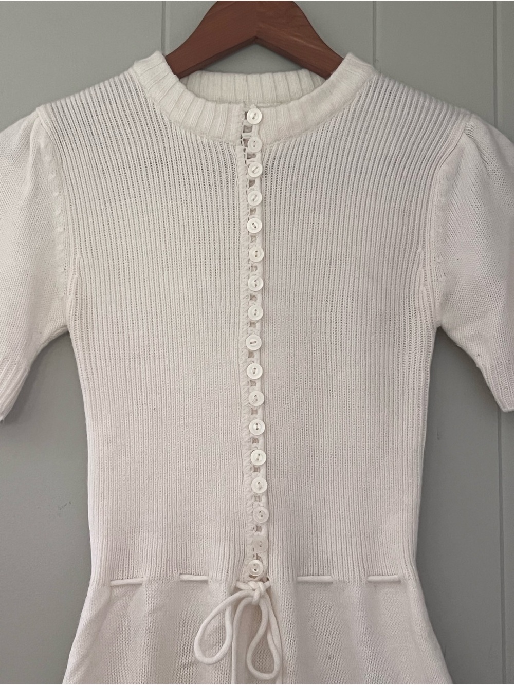 Vintage 70s White Knit Mini Dress Button Front Puff Sleeve Retro Cottagecore S - Picture 2 of 12